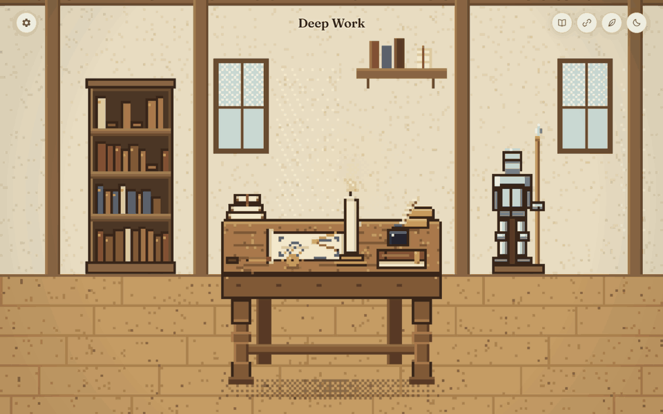 The Deep Work home screen: a pixel-art workshop desk with a lit candle, a bookshelf and two windows, as the day turns to night.